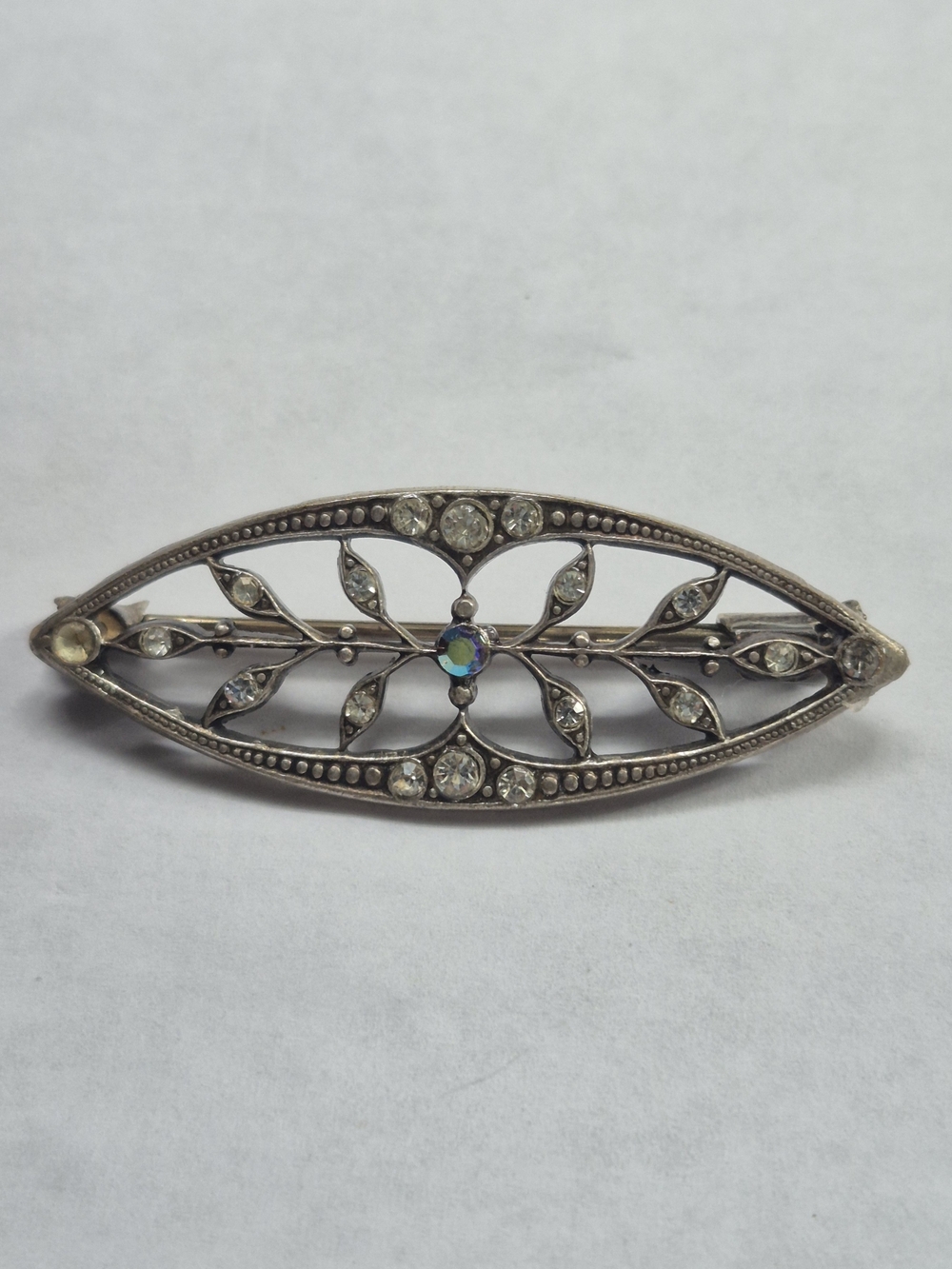 Vintage Navette Filigree Bar Brooch, Trombone Clasp,  AS IS REPAIR